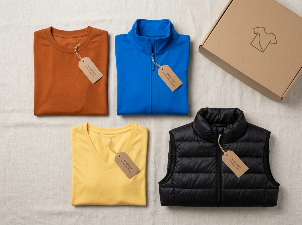 Folded orange and yellow T-shirts, a blue zip-up jacket, and a black puffer vest with product tags beside a clothing box.