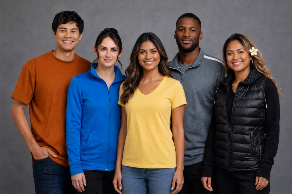 Five smiling adults wearing casual clothing stand together against a gray background.