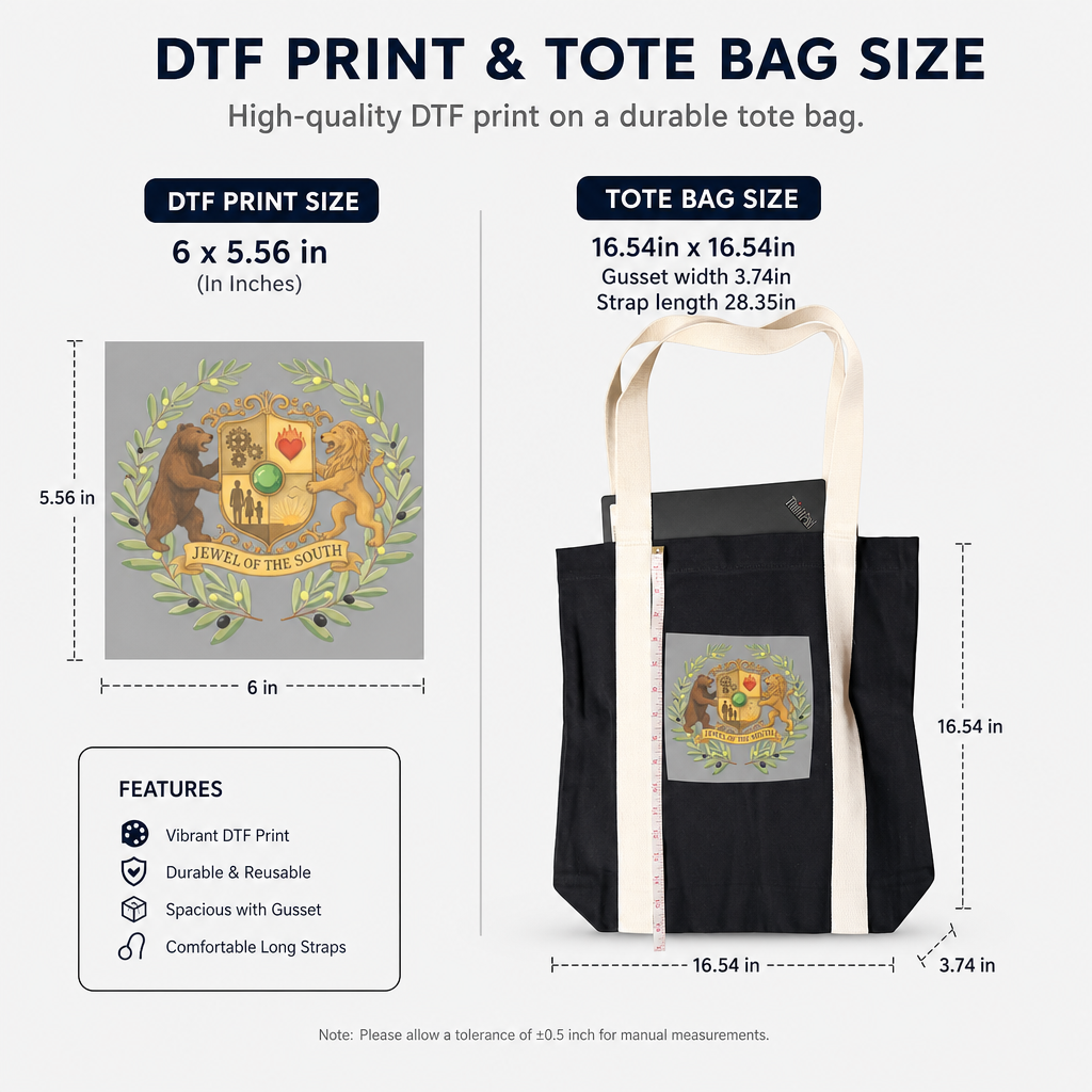 Black gusseted tote bag with long straps, featuring a 6 x 5.56-inch DTF crest print and measuring 16.54 x 16.54 inches.